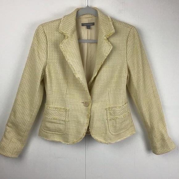 Ann Taylor yellow raw edge basket weave tweed Single Button Blazer Jacket. Sz 4 - Picture 1 of 11